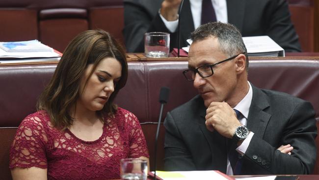 Sarah Hanson-Young and Richard Di Natale. Picture: AAP/Lukas Coch