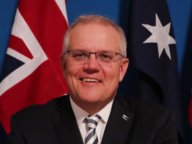 Prime Minister Scott Morrison delivers his speech at the Inaugural Grotius Prize while in 15 day quarantine lockdown on Monday, November 23, 2020. Picture: Adam Taylor