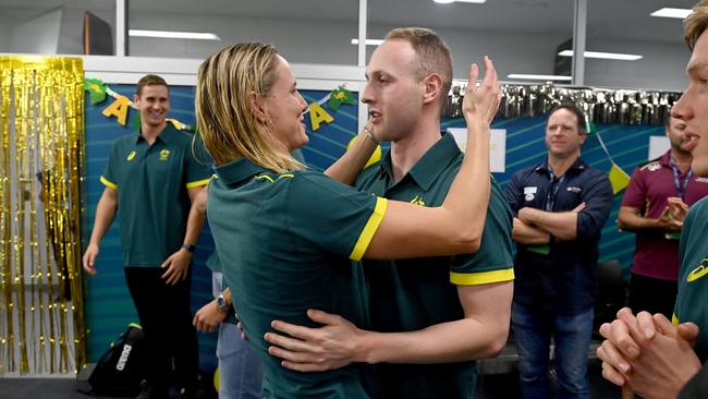 Matt Wilson hugs Bronte Campbell after Wilson was selected in the Olympic team. Picture: Delly Carr/SA