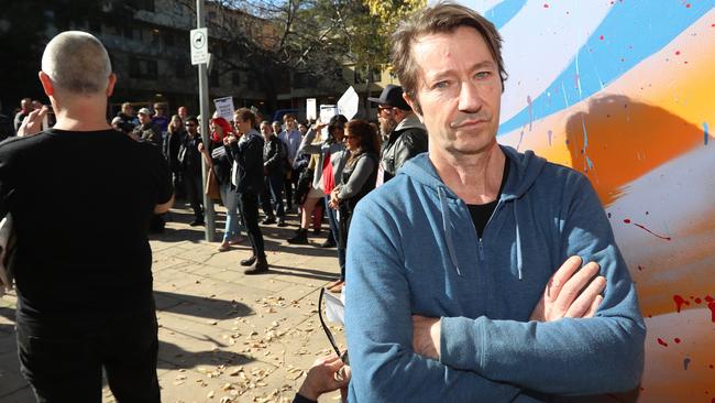 Victorian Socialists leader and Yarra councillor Stephen Jolly led a rally at the Walker St estate in Northcote. Picture: Alex Coppel