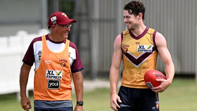 Brisbane coach Chris Fagan and Lachie Neale at training. Picture: Bradley Kanaris/Getty Images