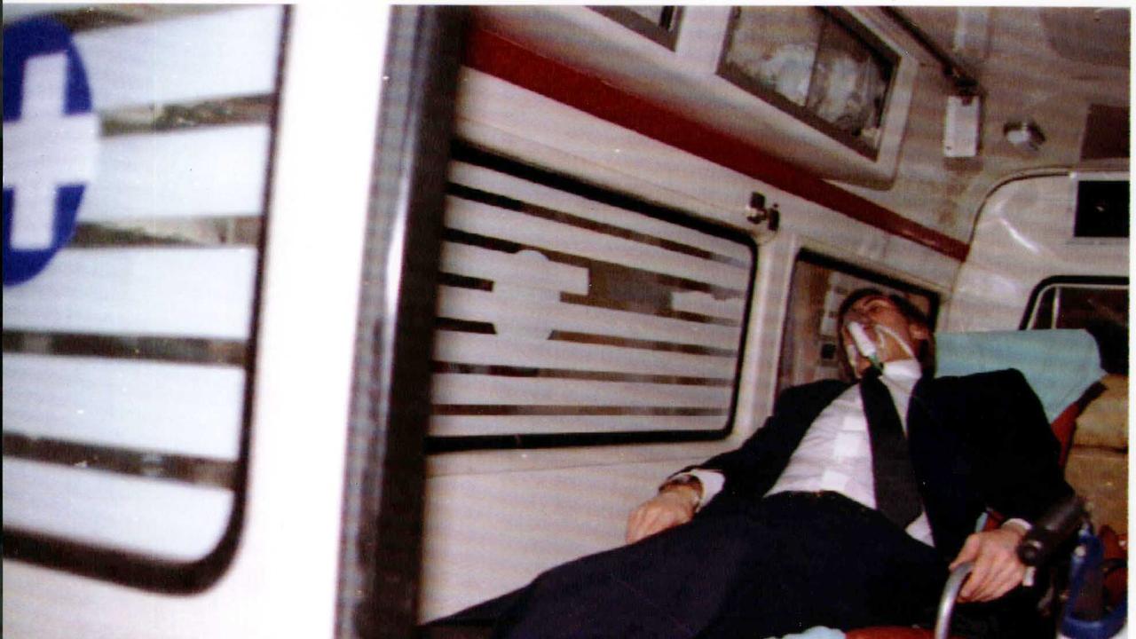 Fugitive businessman Christopher Skase leaving court by ambulance. in 1994