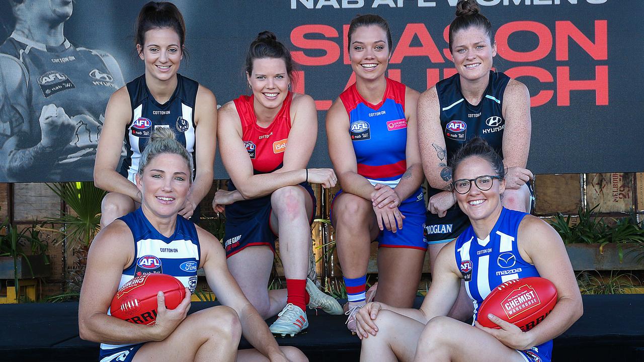 Victoria’s AFLW captains (from left) Steph Chiocci, Mel Hickey, Elise O'Dea, Ellie Blackburn, Brianna Davey and Emma Kearney. Picture: Ian Currie