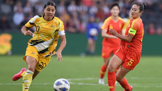 Sam Kerr on the ball against China. Picture: AAP.