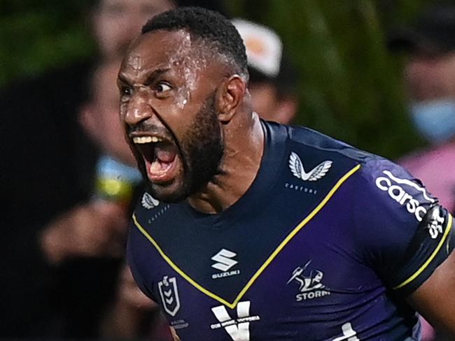 SUNSHINE COAST, AUSTRALIA - SEPTEMBER 10: Justin Olam of the Storm celebrates after scoring a try during the NRL Qualifying Final between the Melbourne Storm and the Manly Warringah Sea Eagles at Sunshine Coast Stadium on September 10, 2021, in Sunshine Coast, Australia. (Photo by Bradley Kanaris/Getty Images)