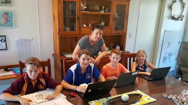 Mum Kristy Wake says she can’t afford to hire another computer for her four children to learn from home, from left Corey, 12, Sophie, 14, Cooper, 10, and Abby, 8. Picture: Sam Rutherford