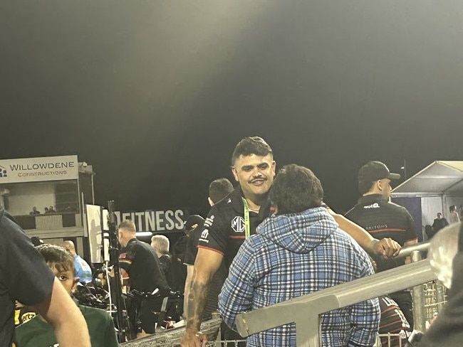 Latrell Mitchell spotted at BlueBet Stadium to support his Rabbitohs teammates against the Panthers.