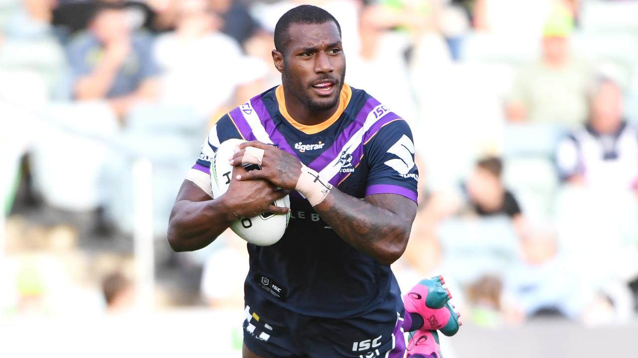 Suliasi Vunivalu crosses for the second of three first half tries against the Raiders. 