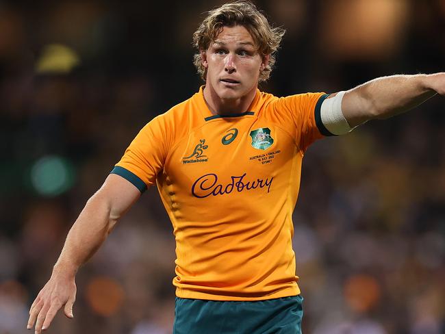 SYDNEY, AUSTRALIA - JULY 16: Michael Hooper of the Wallabies  gestures during game three of the International Test match series between the Australia Wallabies and England at the Sydney Cricket Ground on July 16, 2022 in Sydney, Australia. (Photo by Mark Kolbe/Getty Images)