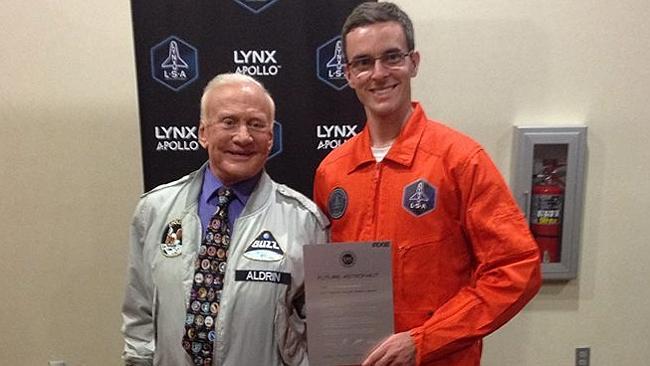 Tim Gibson (right) standing proudly with American space legend Buzz Aldrin, judge of the LYNX space competition