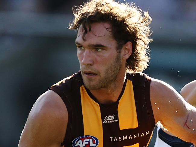 MELBOURNE . 23/02/2023.  AFL . Geelong vs Hawthorn at Kardinia Park, Geelong. Jack Scrimshaw of the Hawks   . Pic: Michael Klein