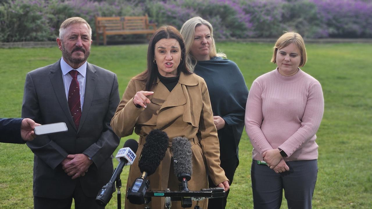 Jacqui Lambie Network MP Andrew Jenner, Senator Jacqui Lambie and MPs Rebekah Pentland, Miriam Beswick on Parliament Lawns on Thursday August 1, 2024.