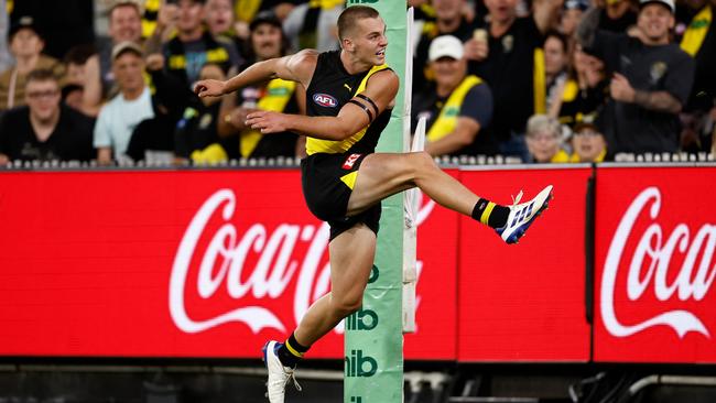 The Dusty comparisons are understandable as Sam Lalor kicks his first career goal. (Photo by Michael Willson/AFL Photos via Getty Images)