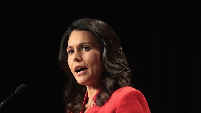 Hawaii congresswoman Tulsi Gabbard speaks at the Iowa Democratic Party's Hall of Fame Dinner in 2019.