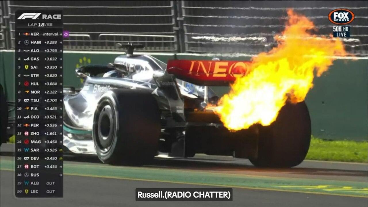 George Russell's Mercedes was on fire. Photo: Kayo.