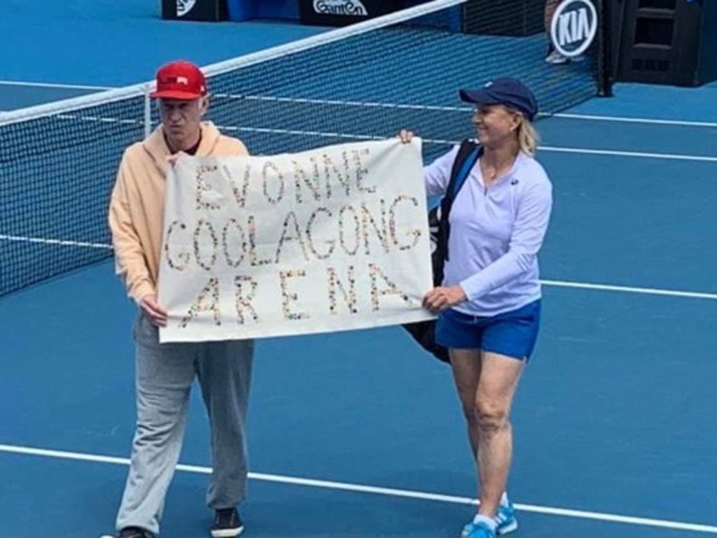 Martina Navratilova and John McEnroe protest for Margaret Court Arena to be renamed in honour of Evonne Goolagong. Source: Twitter