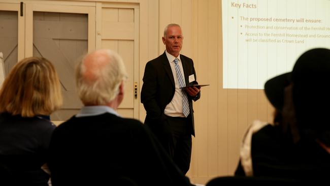 RGCRT’s George Simpson at a community meeting at Fernhill Estate, Mulgoa. The trust had planned to have a “predominantly lawn-style” cemetery on 40 per cent of the total 384ha site. Picture: Justin Sanson