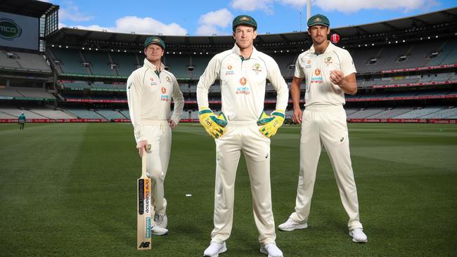 Steve Smith, captain Tim Paine and Mitchell Starc ahead of the Boxing Day Test. Picture: Alex Coppel.