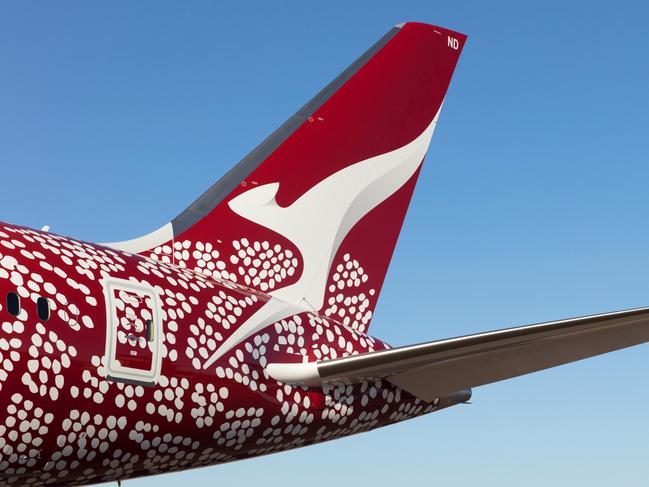 ESCAPE:  ALICE SPRINGS, 2 MARCH 2018 – Qantas’ newest Boeing 787-9 Dreamliner, which features a unique Indigenous livery, touched down in Alice Springs today. Picture: Qantas Yam Deaming by Emily Kame Kngwarreye