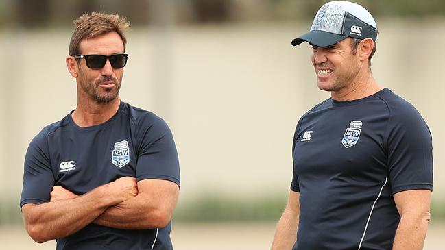 SYDNEY, AUSTRALIA - DECEMBER 12: NSW Blues head coach Brad Fittler speaks to Andrew Johns during the Emerging Blues and Future Blues Playing Camp at the NSWRL Centre of Excellence on December 12, 2019 in Sydney, Australia. (Photo by Mark Metcalfe/Getty Images)