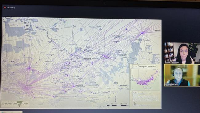 A map of livestock movements in one day in Victoria, showing just how far livestock spread in short time frames. In the event of an outbreak of FMD, livestock movements could be tracked within a few hours due to electronic tags, but paper-based systems used in other states could take weeks to track animals.