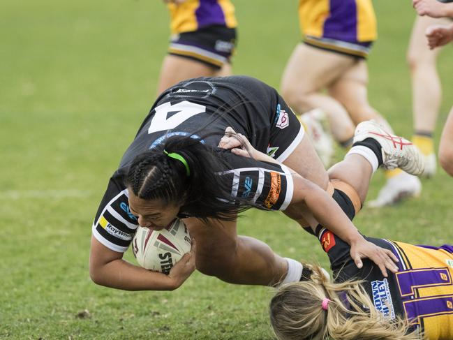 Antonia Vito (left) of Oakey is tackled by Kimberley Dore. Picture: Kevin Farmer.