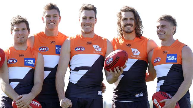 Toby Greene, Adam Tomlinson, Jeremy Cameron, Phil Davis and Adam Kennedy are among those who played in the Giants’ first ever game. Picture: Toby Zerna