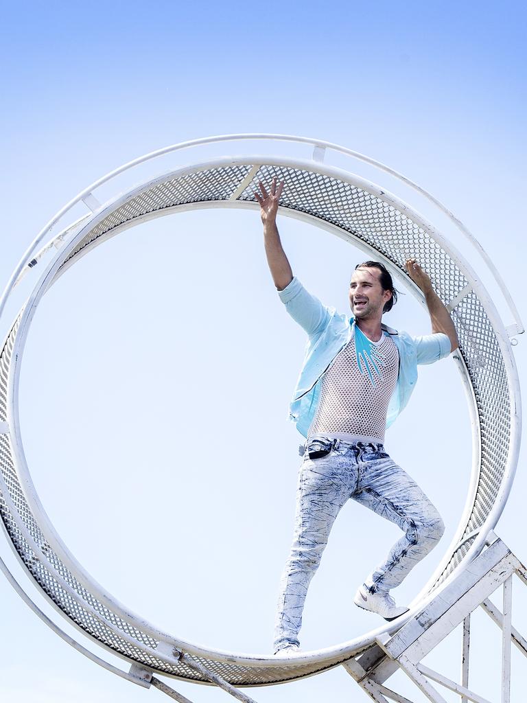 Warren Brophy on the Wheel of Death at the Hobart Show. PICTURE CHRIS KIDD