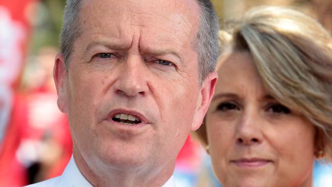 Labor candidate for Bennelong Kristina Keneally (right) campaigns with Federal opposition leader Bill Shorten at Ryde East public school in Sydney on Saturday. Photo: AAP