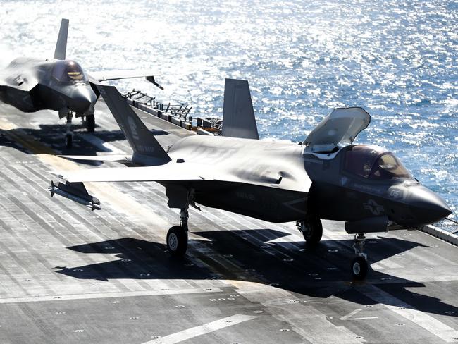 Jets on board the USS Wasp warship in the Coral Sea, off the coast of Central Queensland, during TS19. Pic Peter Wallis