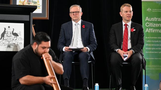 Anthony Albanese and Chris Hipkins watch a performance during an Australian citizenship ceremony for permanent resident from New Zealand. Picture: Dan Peled / NCA Newswire