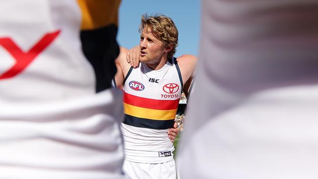 Rory Sloane addresses the troops in the Crows’ clash guernsey which will be retained next year. Picture: Will Russell/AFL Media/Getty Images