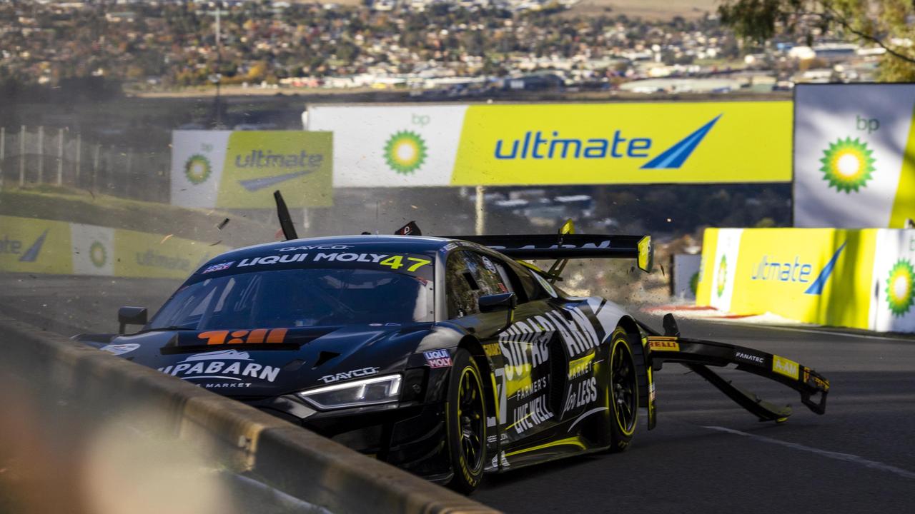 Liqui Moly Bathurst 12HR, Bathurst, NSW. Australia May 13-15. Theo Koundouris (#47 Audi) crashing during practice for the Bathurst 12hr. Pic: Mark Horsburgh / Edge Photographics