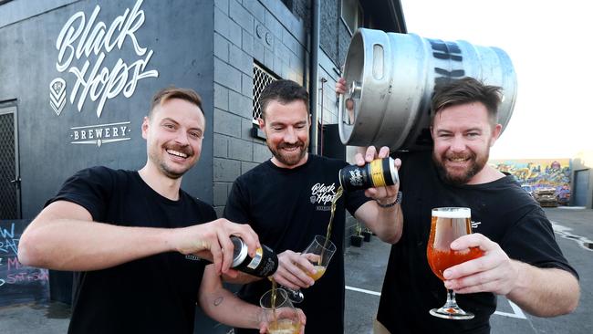 Black Hops Brewing Co founders Eddie Oldfield, Dan Norris and Michael McGovern pictured at their Burleigh Business. Picture Mike Batterham