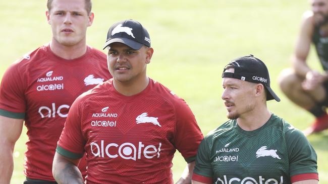 Latrell Mitchell with Tom Burgess and NSW Blues teammate Damien Cook. Picture: Dylan Robinson