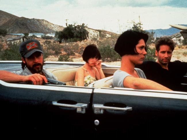 Co-stars ... Brad Pitt and Juliette Lewis (back seat) with Michelle Forbes and David Duchovny in the 1993 film ‘Kalifornia’. Source: News Corp Australia