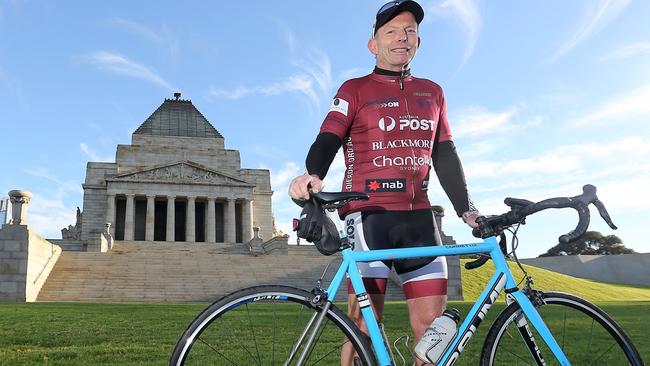 Tony Abbott at the start of the pollie pedal, which begins at the shrine of Remembrance in Melbourne.  Picture: Yuri Kouzmin.