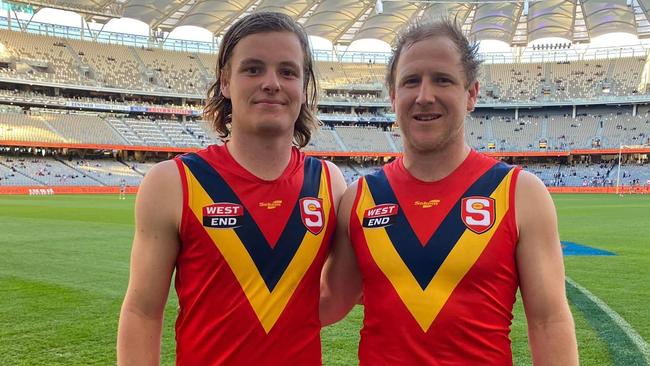 Millicent teammates Kade Varcoe (left) and Clint Gallio representing SA Country. Picture: Millicent Football Club