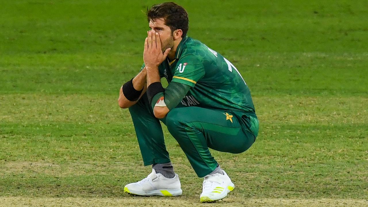 Pakistan's Shaheen Shah Afridi reacts after a delivery. Picture: Indranil Mukherjee/AFP