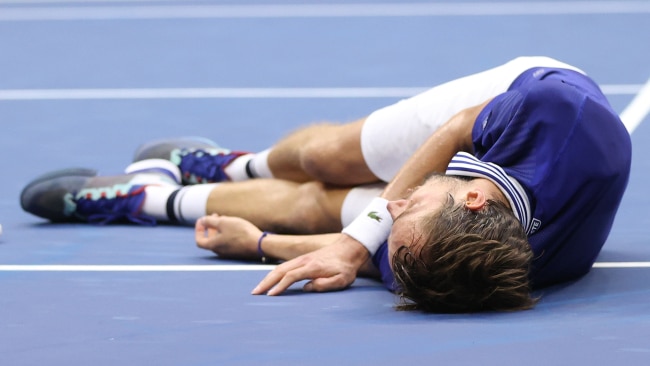 Daniil Medvedev celebrates winning championship point to defeat Novak Djokovic. Picture: Getty