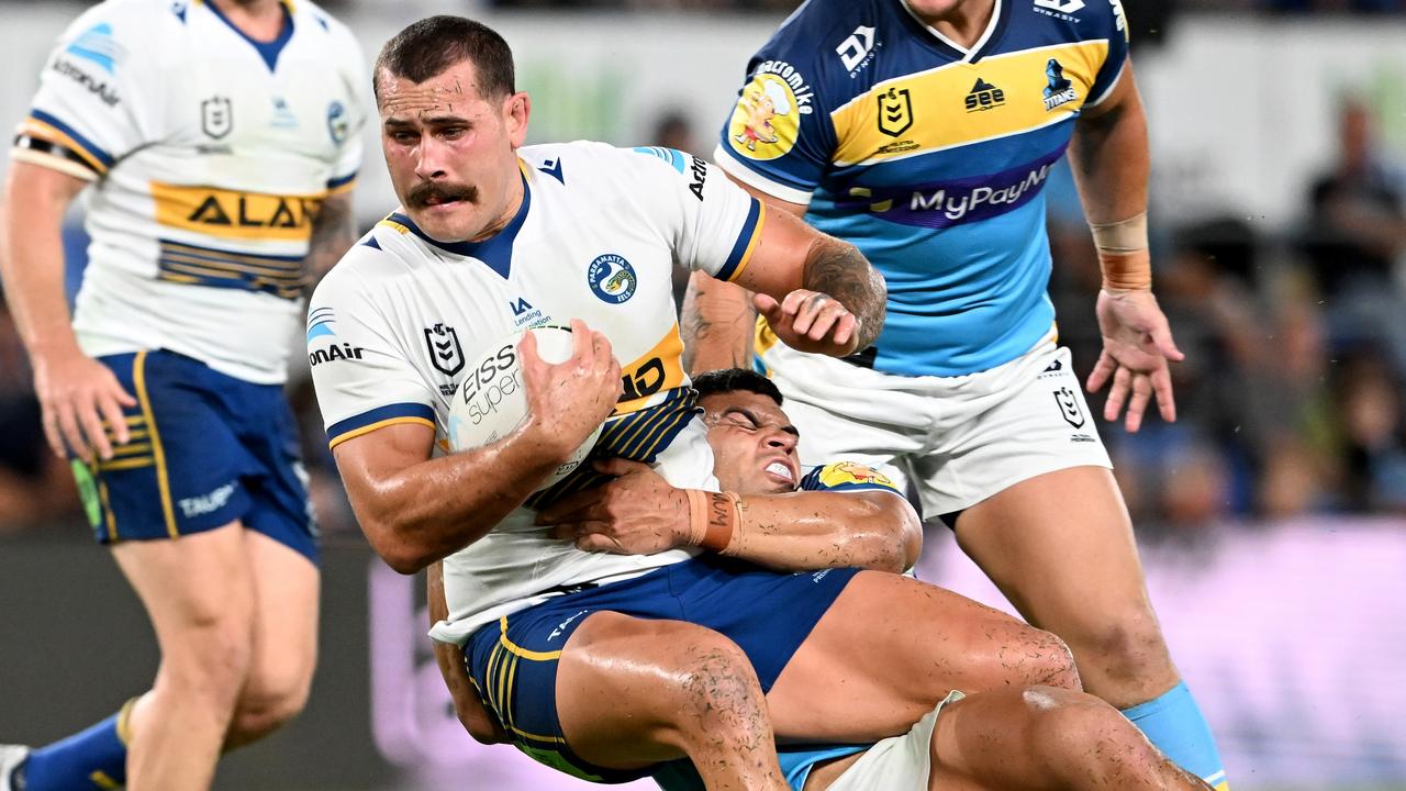 Eels prop Reagan Campbell-Gillard has edged ahead of Daniel Saifiti in the race for a spot in the Blues’ team for Origin I. Picture: Bradley Kanaris/Getty Images