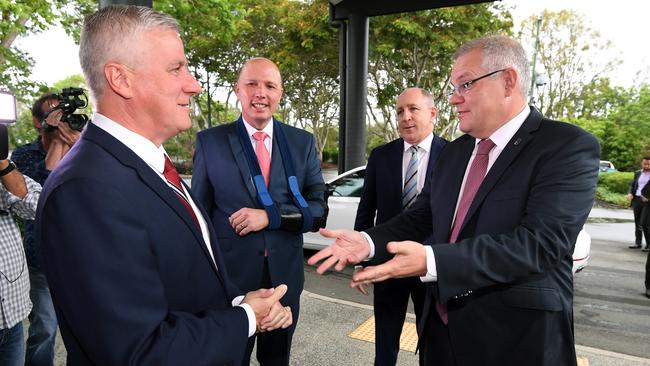 Deputy Prime Minister Michael McCormack, Minister for Home Affairs Peter Dutton, Federal Member for Petrie Luke Howarth and Australian Prime Minister Scott Morrison arrive at a press conference in Bridgeman Downs. Picture: AAP/Dan Peled