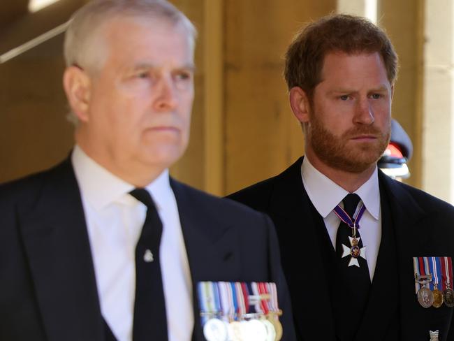 WINDSOR, ENGLAND - APRIL 17: Peter Phillips, Vice-Admiral Sir Timothy Laurence, Prince Andrew, Duke of York, Prince Harry, Duke of Sussex and Prince Edward, Earl of Wessex during the funeral of Prince Philip, Duke of Edinburgh at Windsor Castle on April 17, 2021 in Windsor, England. Prince Philip of Greece and Denmark was born 10 June 1921, in Greece. He served in the British Royal Navy and fought in WWII. He married the then Princess Elizabeth on 20 November 1947 and was created Duke of Edinburgh, Earl of Merioneth, and Baron Greenwich by King VI. He served as Prince Consort to Queen Elizabeth II until his death on April 9 2021, months short of his 100th birthday. His funeral takes place today at Windsor Castle with only 30 guests invited due to Coronavirus pandemic restrictions. (Photo by Chris Jackson/WPA Pool/Getty Images)