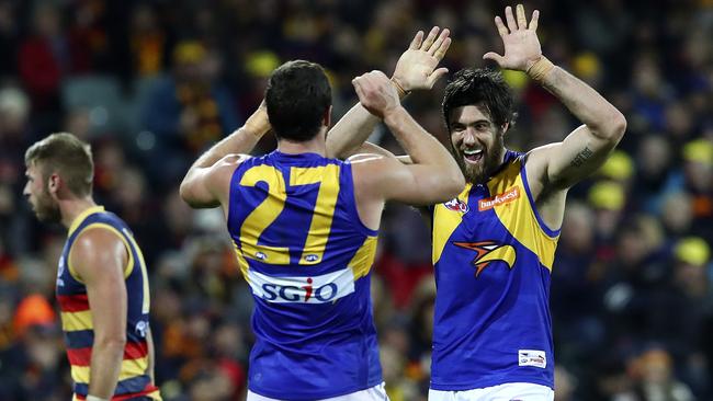 Jack Darling celebrates his goal with Josh Kennedy. Picture: Sarah Reed