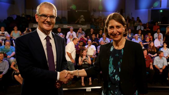 Premier Gladys Berejiklian and Leader of the Opposition Michael Daley shaking hands after the People’s Forum held at the Western Sydney University Kingswood campus. Picture: Jonathan Ng