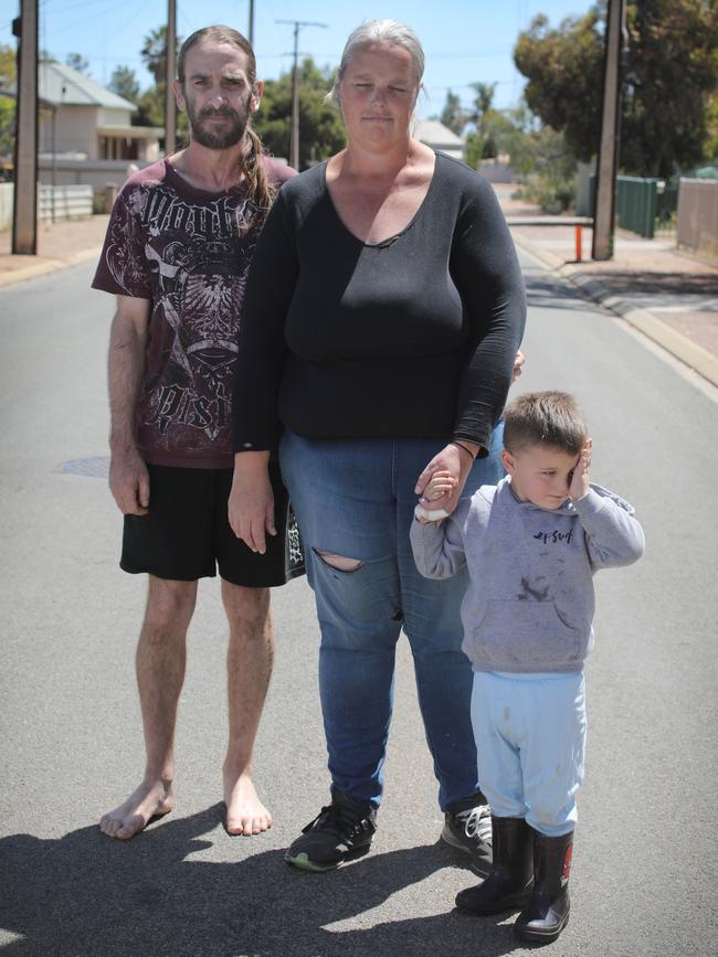 A review was first ordered into the Port Pirie Hospital after an incident involving the miscarried baby of Candice Murray, 42, pictured at home with partner of 18 years, Shane Roberts, 45, and a grandson Aidan, 3. Picture Dean Martin