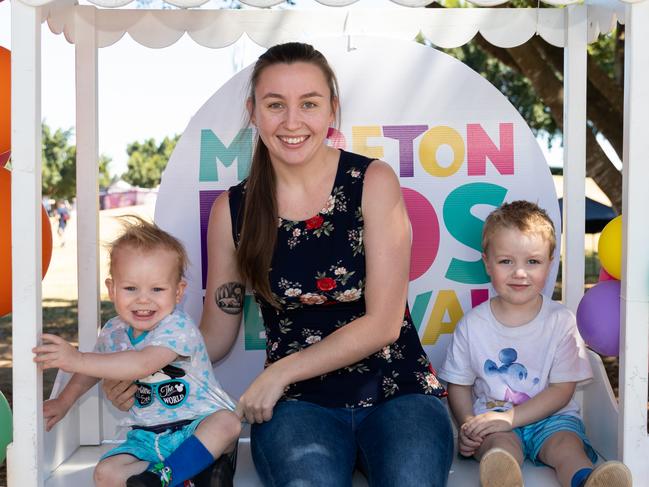 COPYRIGHT WARNING for Moreton Life only. Phone Kylie Knight 3480 8226. Moreton Kids Festival at Pine Rivers Park. Xanthe Clarke with Malachi and Phoenix, of Caboolture.