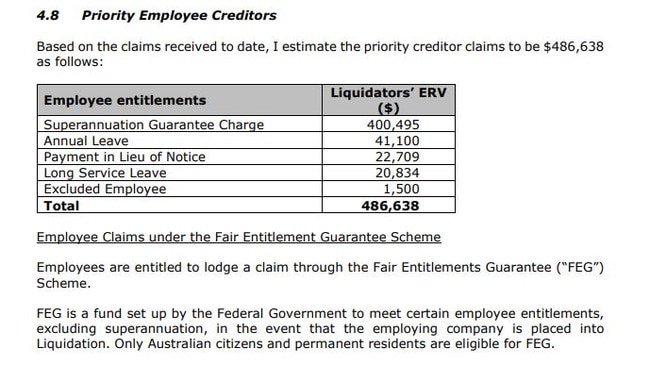 Staff payments made up a large part of the overall debt the company owes to unsecured creditors.