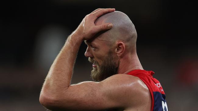 MELBOURNE, AUSTRALIA – JULY 27: Max Gawn of the Demons reacts on the final siren during the round 20 AFL match between Melbourne Demons and Greater Western Sydney Giants at Melbourne Cricket Ground, on July 27, 2024, in Melbourne, Australia. (Photo by Daniel Pockett/Getty Images)