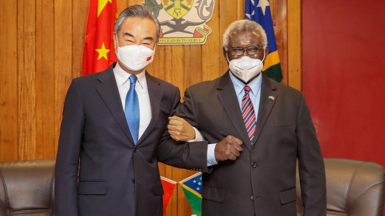 Chinese Foreign Minister Wang Yi and Solomon Islands Prime Minister Manasseh Sogavare on May 26. Picture: Xinhua via Getty Images